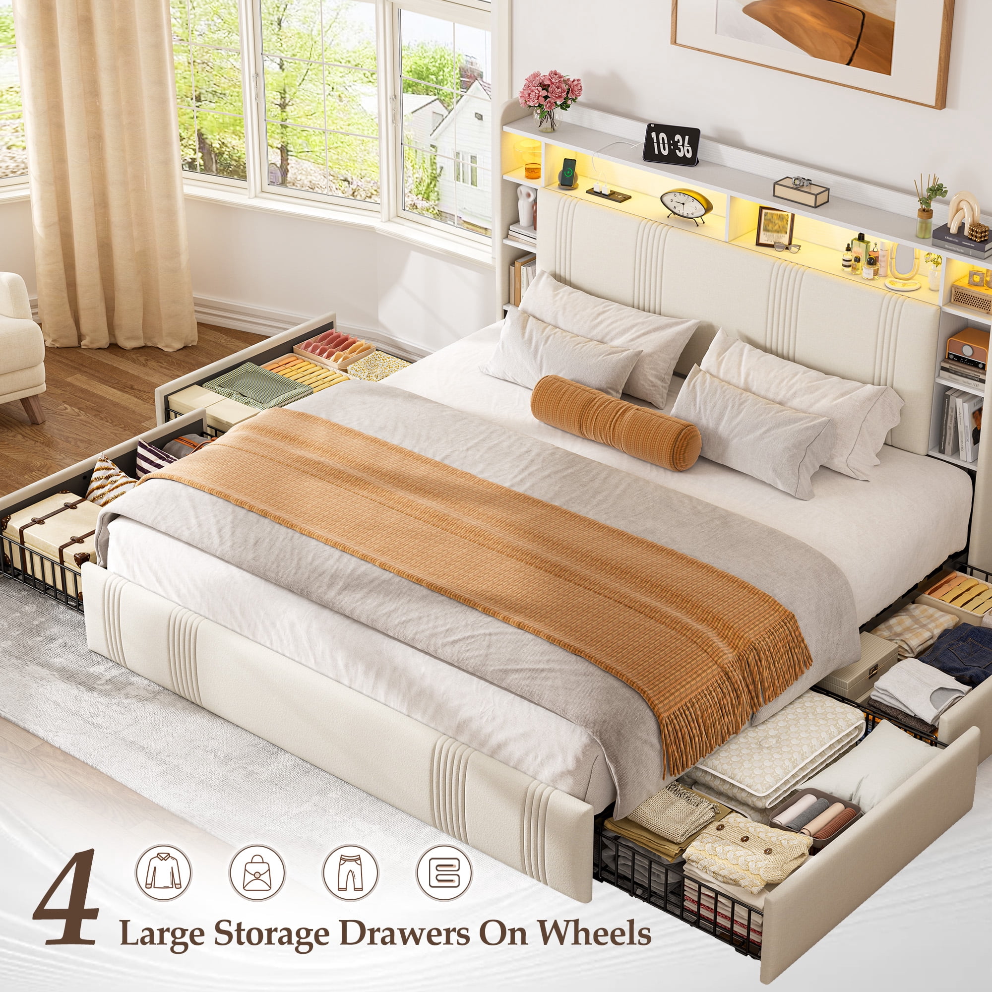 EnHomee King Size Bed Frame with 4 Drawers & 3-Tier Storage Shelf Upholstered Bed Frame King with Headboard & LED Lights & Charge Station,Beige