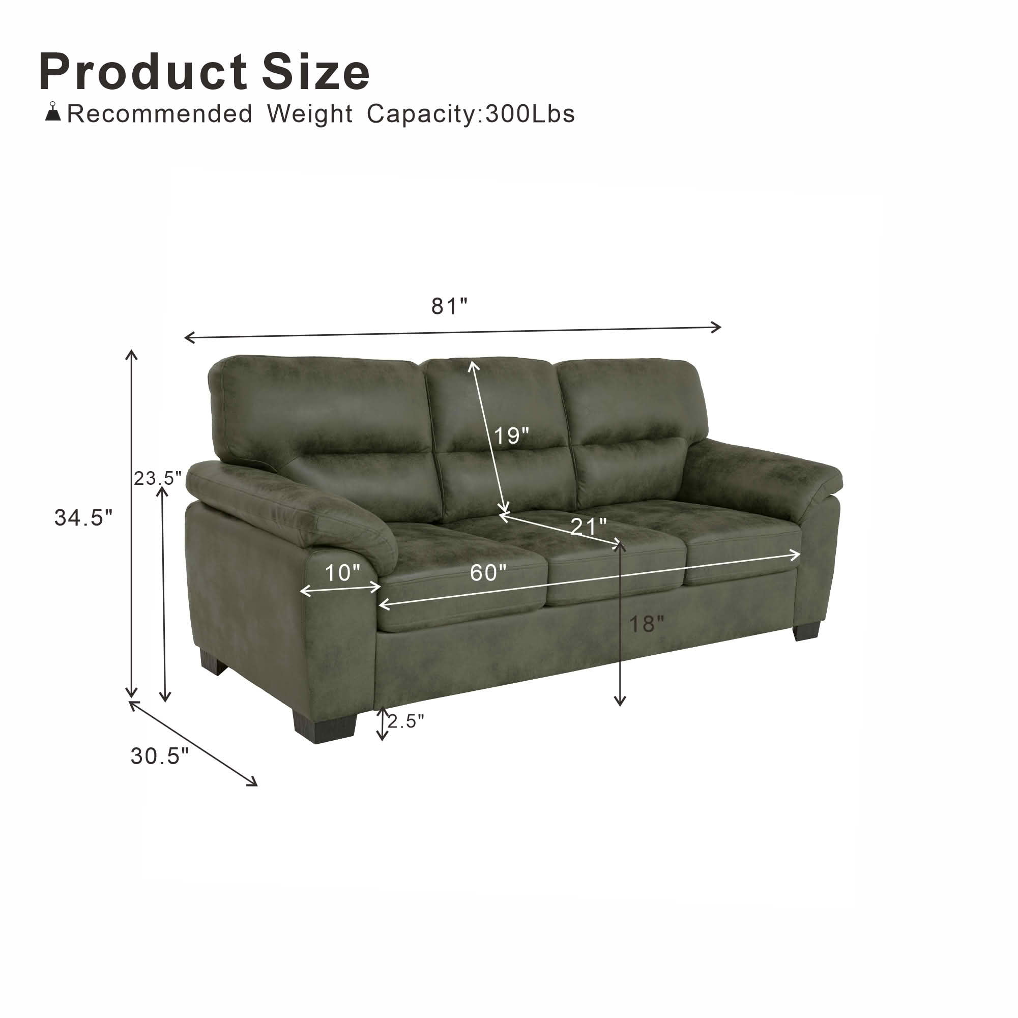 MAYEERTY 81 Inch Modern 3‑Seater Upholstered Sofa, Comfy Couch with Padded Armrests, Black Legs for Living Room