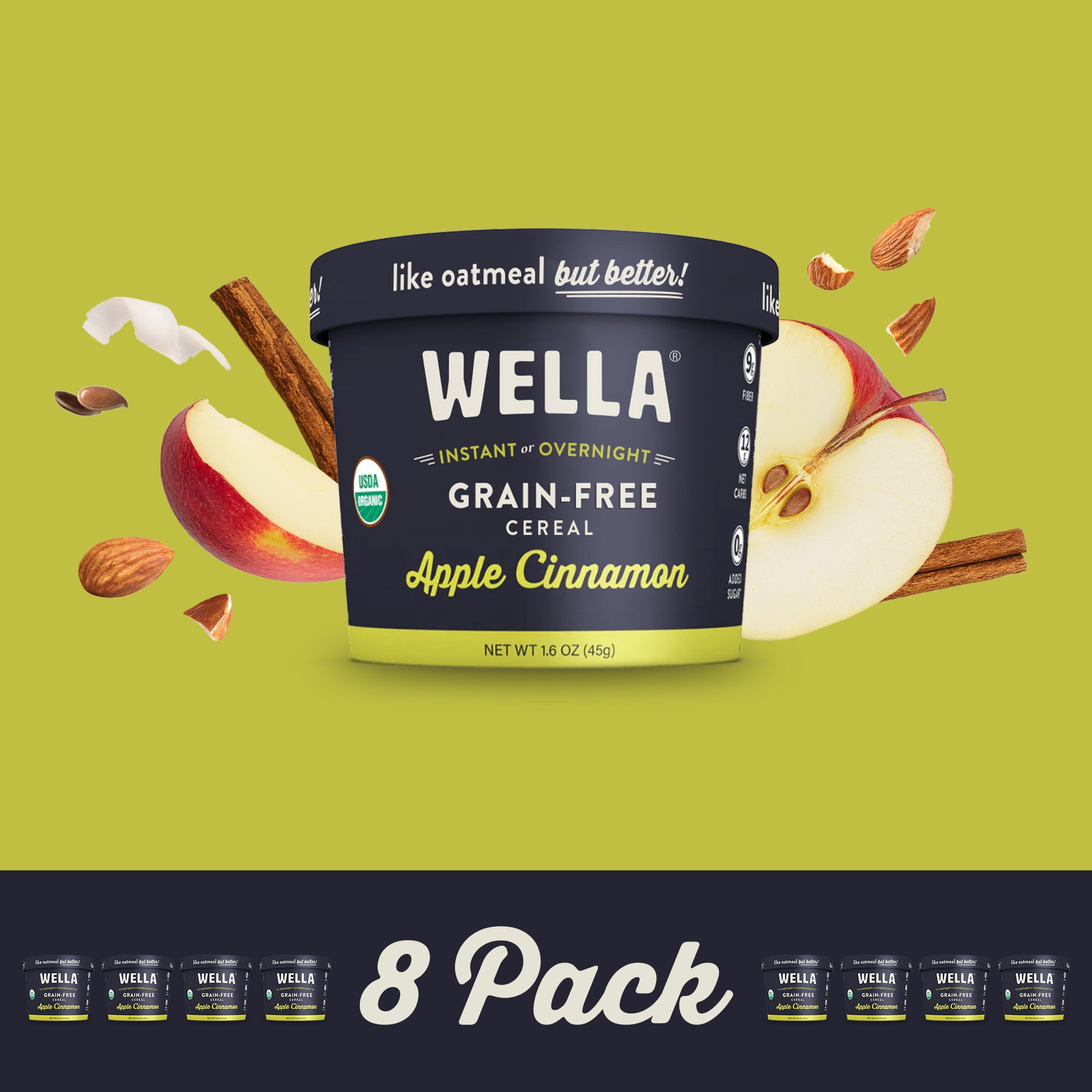 Wella Grain Free Cereal Oatmeal Alternative – Organic Cereal, Vegan High Protein Gluten Free Superfood – Paleo Plant-Based Non-GMO – Low in Net Carbs – Single-Serve 1.6 oz. Cup (Apple Cinnamon)