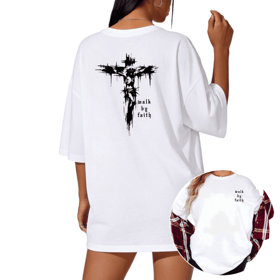 White Print Tshirt Graphic Tees Walk By Faith Jesus Cross Christian Shirts S-5XL Tops