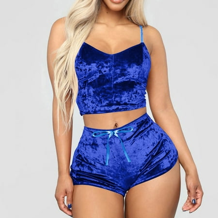 

Sleepwear Pajamas For Women Silk Womens Velvet 2 Pieces Romper Outfit Sleeveless Crop Top Camisole+ Shorts Blue