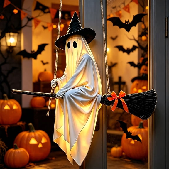 FYHALE 5FT Halloween Decorations Lighted Hanging Ghost Ornament On Broomstick, Halloween Ghost on A Swing Outdoor Decorations, , Spooky Hanging Flying Ghost Decor for Tree Porch Yard Party