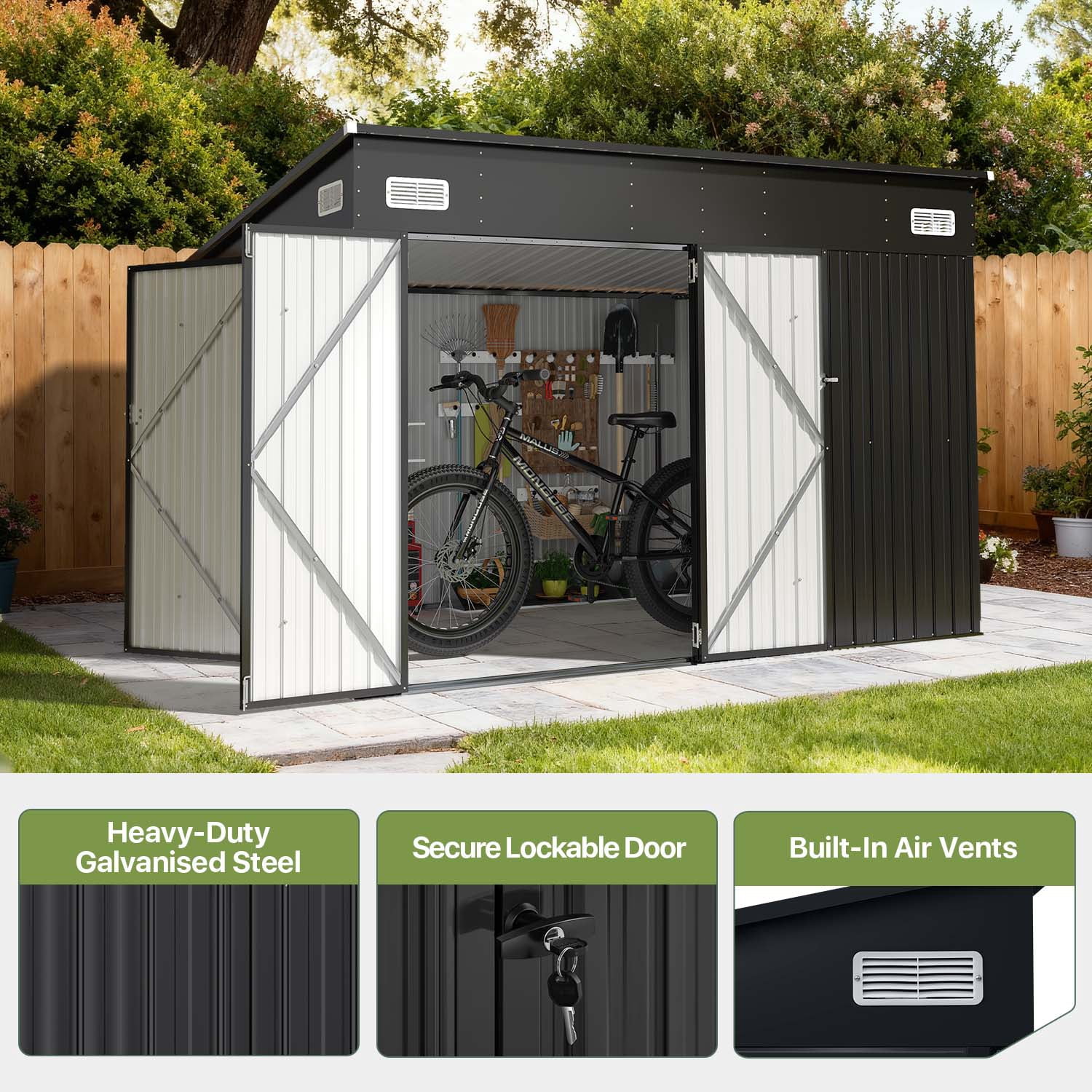 BaPiPro 10'x8' Heavy Duty Metal Storage Shed, Large Outdoor Storage with Lockable Triple Doors & Vents, Lean-to Tool Shed for Garden, Backyard, Patio - Black