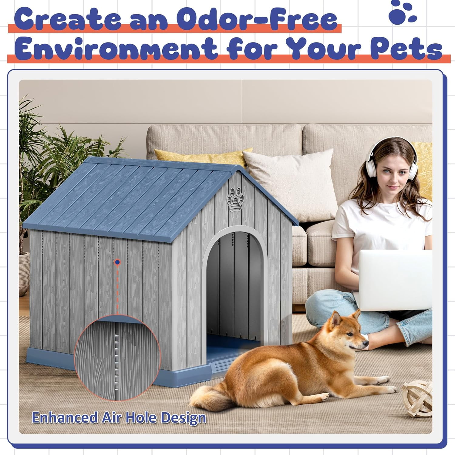 Dog House Outdoor Indoor, Plastic Small Dog House-Weatherproof Design with Air Vents & Elevated Floor for Small to Medium Dogs, Easy Clean and Assemble (Blue)