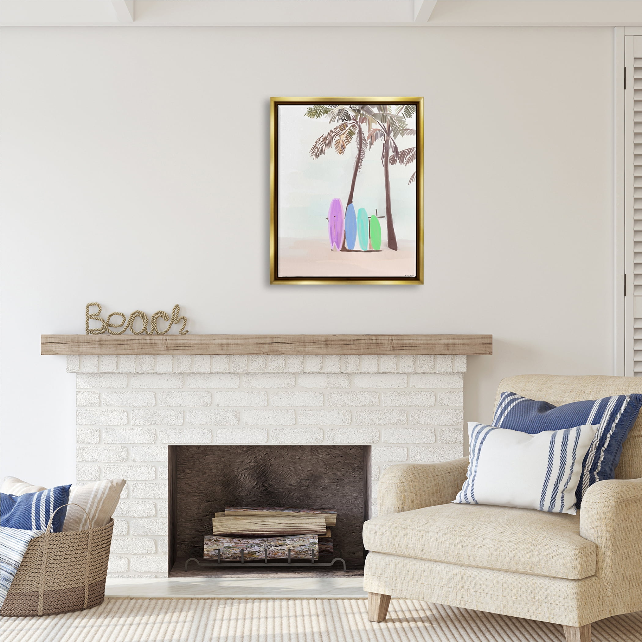 Stupell Industries Surfboards on Palm Trees Sports Painting Gold Floater Framed Art Print Wall Art, 25 x 31