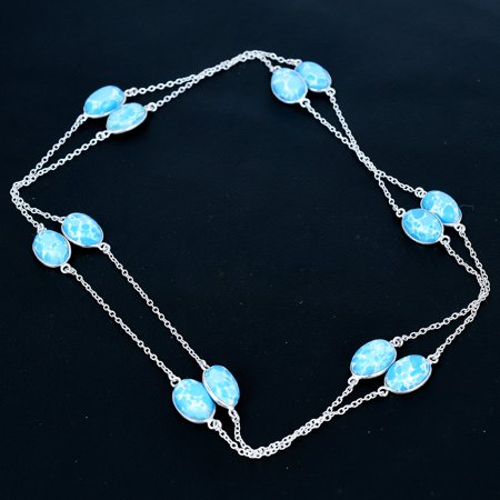 Larimar Oval Gemstone Handmade 925 Sterling Silver Jewelry Necklace 36" VJ 1290