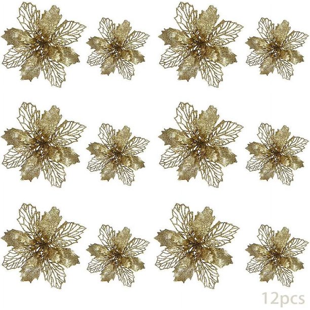 24 piezas de flores navideñas, decoración de flores navideñas, adornos para árboles de Navidad, flor de pascua con purpurina, árbol de Navidad con purpurina, flores artificiales navideñas