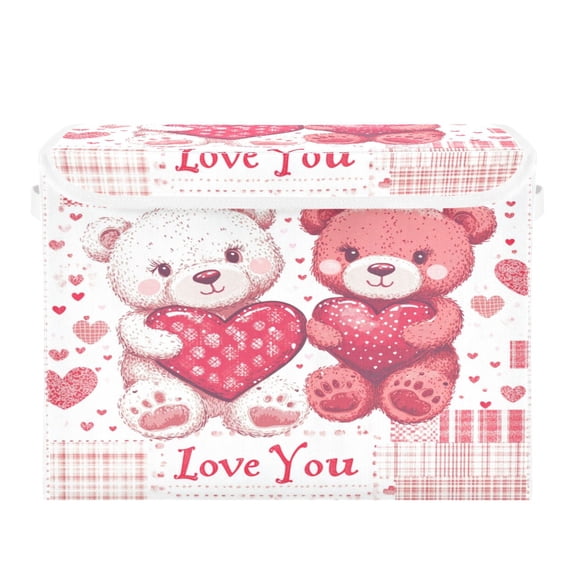 WOBOGO Valentine Teddy Bears Large Collapsible Storage Box Flip Lid Fabric Decorative Organizer Container Basket with Handles 16.5×12.6×11.8in