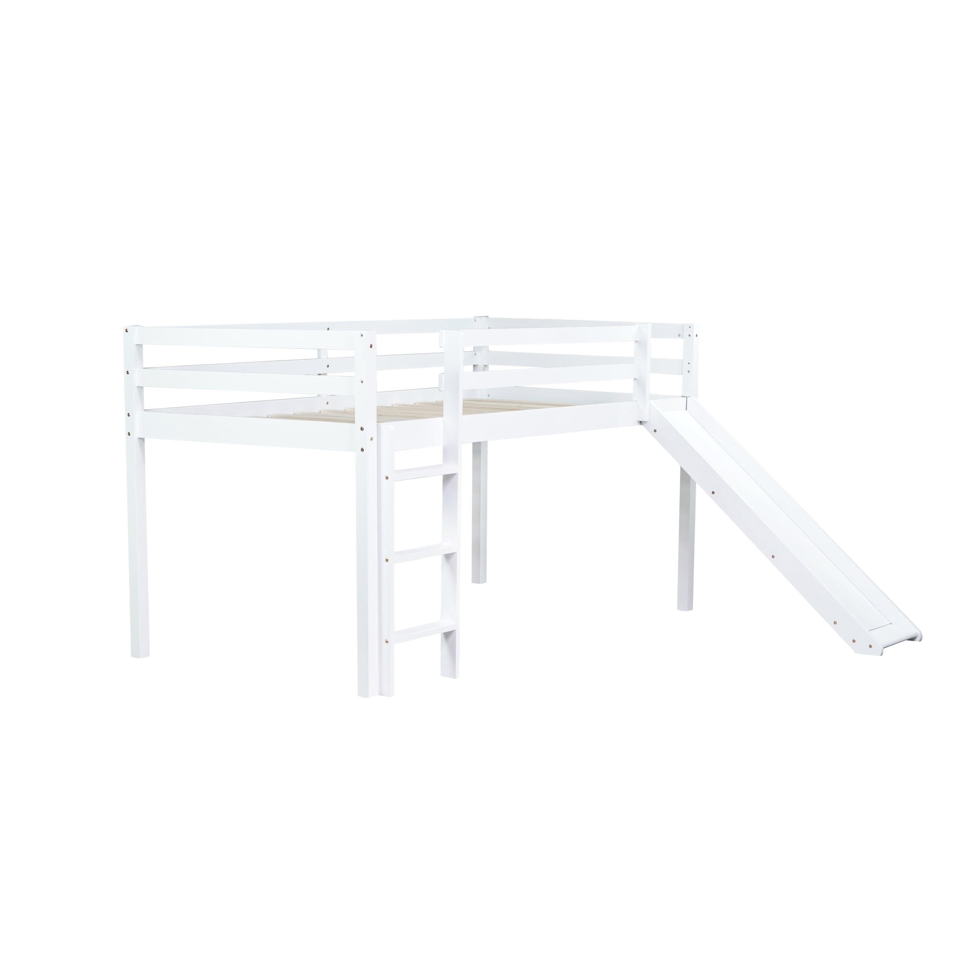 Leumius Twin Low Loft Bed with Slide, Ladder, Safety Guardrails, Rubber Wood Twin Loft Bed for Boys Girls White