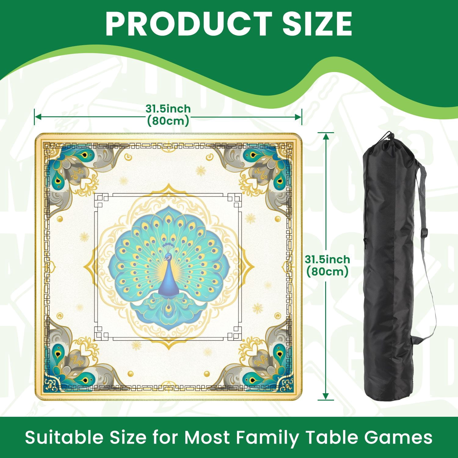 Mahjong Mat 31.5" x 31.5" Elegant Peacock Vibrant Blue Green Feathers Ornate Gold Frame Non-Slip Noise Reduction American Mahjong Tiles Table Cover for Dominoes Poker Card Board Games Gift