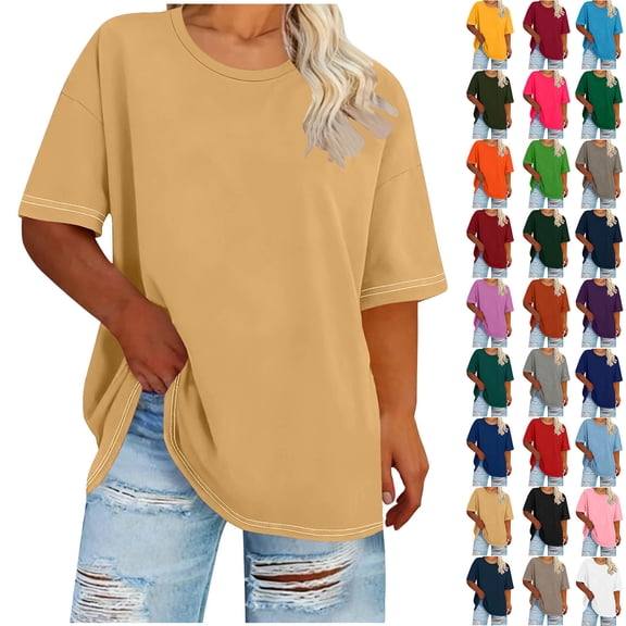Sevevn Women's Casual Loose Fit T-Shirt Summer Short Sleeve Oversized Top Basic Round Neck Tee for Daily Wear Khaki XL