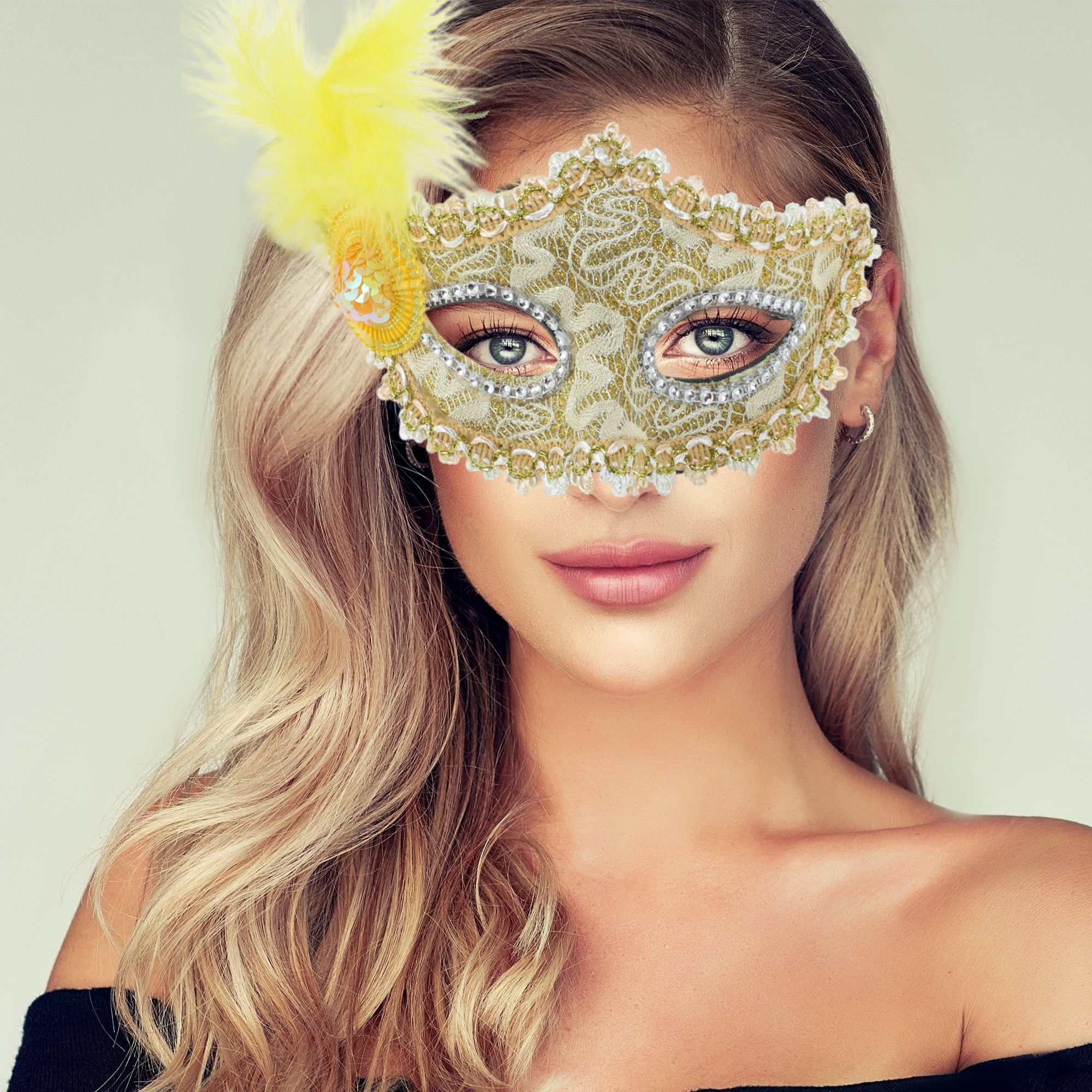 Unique Bargains Elegant Princess Feather Half Face Party Mask 1 Pcs Yellow