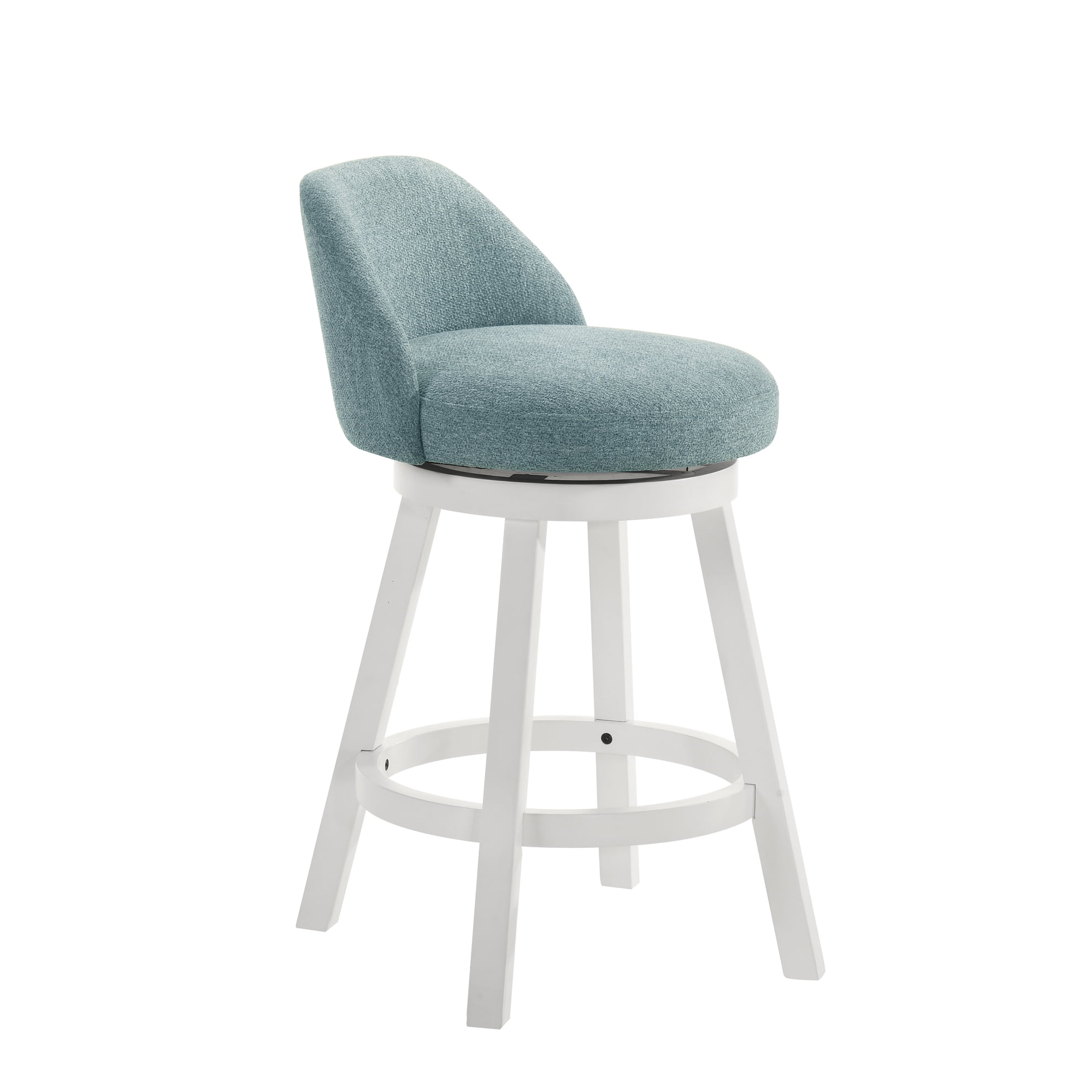 Erika Modern Transitional Swivel Wood Counter Height Kitchen Bar Stool in White Finish with Light Blue Fabric Upholstered Seat - Set of 3