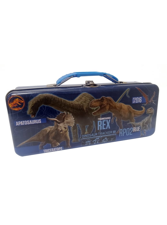 Jurassic Park Blue Tin Tool Storage Box with Handle and Clasp, 1 Count, Tool Box, Tin Plate Steel