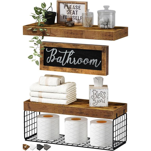 ‎Bathroom Shelves Over Toilet - Paper Storage Wall Mounted Farmhouse Decor Decorations Aesthetic Décor Sign Small Floating Shelf 2 1 Set 16 inch, Rustic Brown