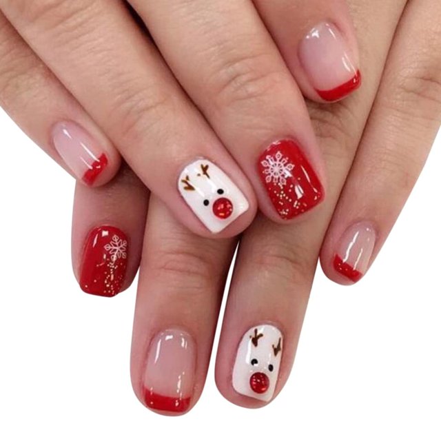 Uñas postizas navideñas XCF cortas rojas y blancas con copos de nieve y alce 24 piezas