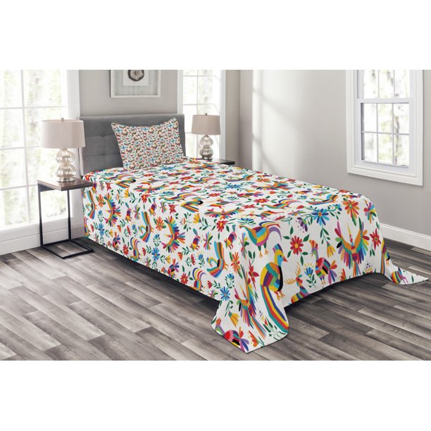 Mexican Bedspread Set, Traditional Latin American Art Design with