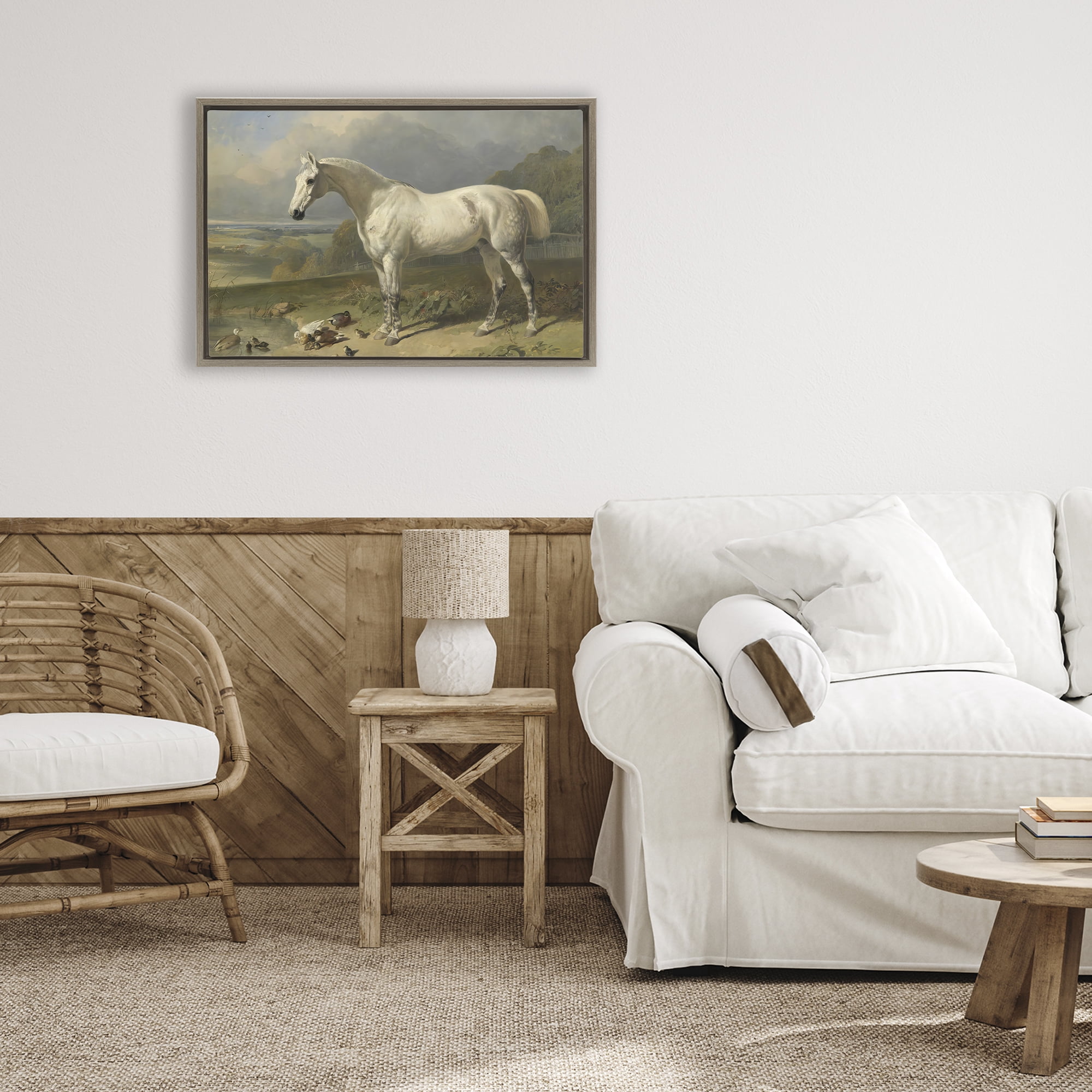 Stupell Industries Grey Horse And Ducks In Landscape Brown Framed Floater Canvas Wall Art, design by Tina LeCour