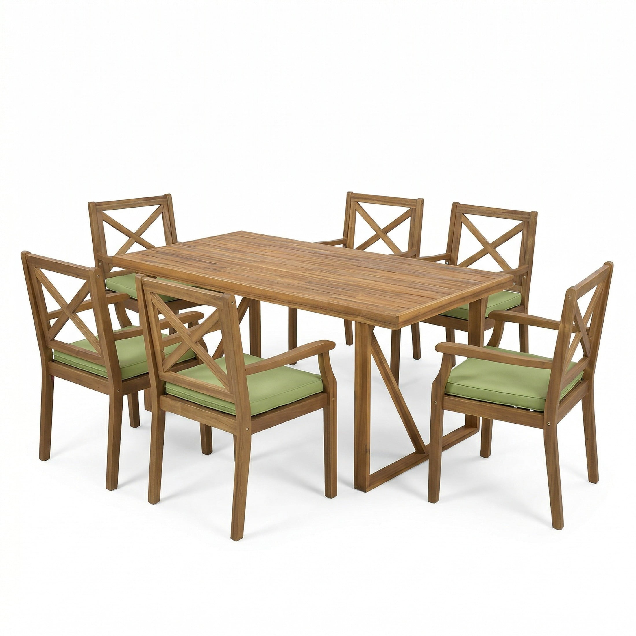 Christopher Knight Home 7-Piece Outdoor Acacia Wood Dining Set with Cushions for Garden, Teak+Green