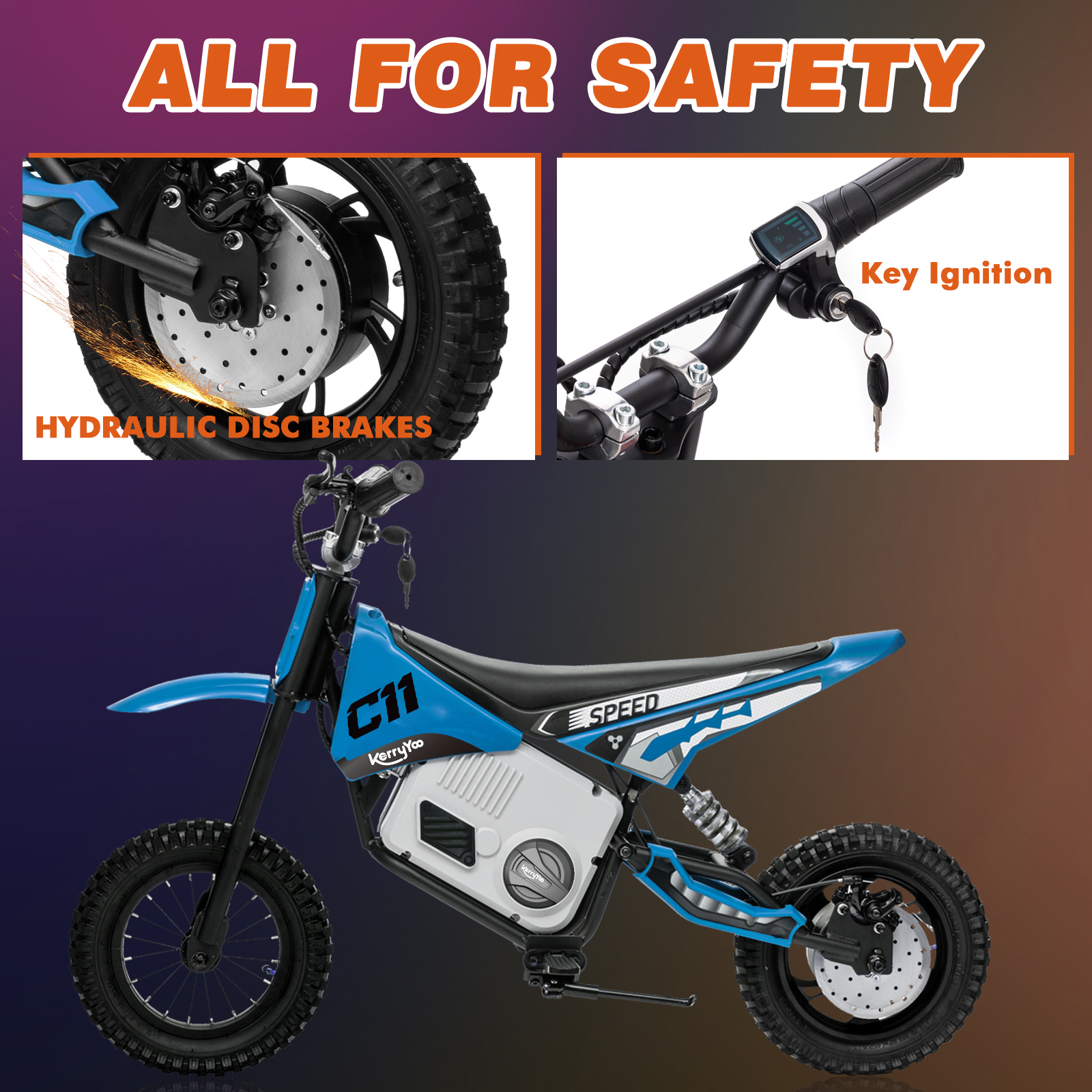 Electric Dirt Bike for Kids 6+, 24V Motorcycle, Electric Motorbike, 5-10 mph, High/Low Speeds-Blue