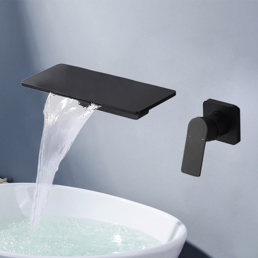 Dwellnix Copper Waterfall Faucet with Concealed Installation, Matte Black Wall-Mounted Faucet for Bathroom, Kitchen, and Modern Sink Areas