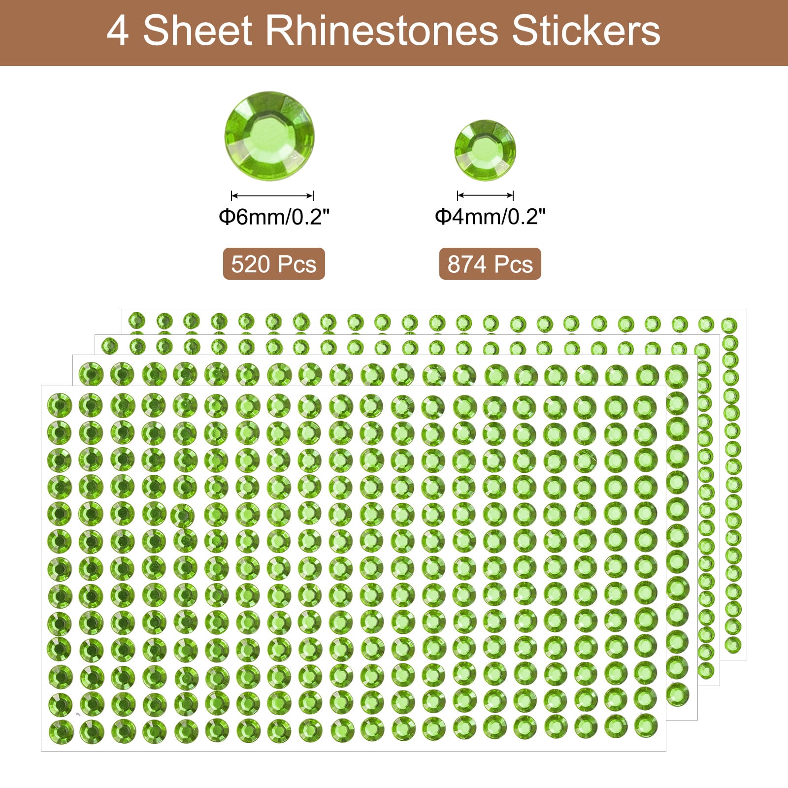 Unique Bargains 4 Sheet Self-Adhesive Round Rhinestone Stickers 1394Pcs 4mm/6mm Green