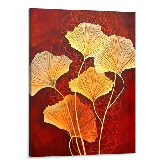 Creowell Red Yellow Canvas Wall Art Golden Ginkgo Red Leaf Painting Abstract Red Gold Artwork Prints for Office Bedroom Framed Ready to Hang 16x20 inch