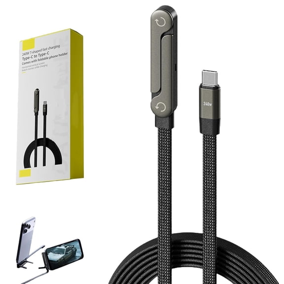 Yippzo 240W Braided Fast Charge Cable with Built-in Phone Stand, Multi Charger Cord with Type C-Type C Port, Multi-Angle Adjustable Stand, for Smartphones, Tablets, Laptops