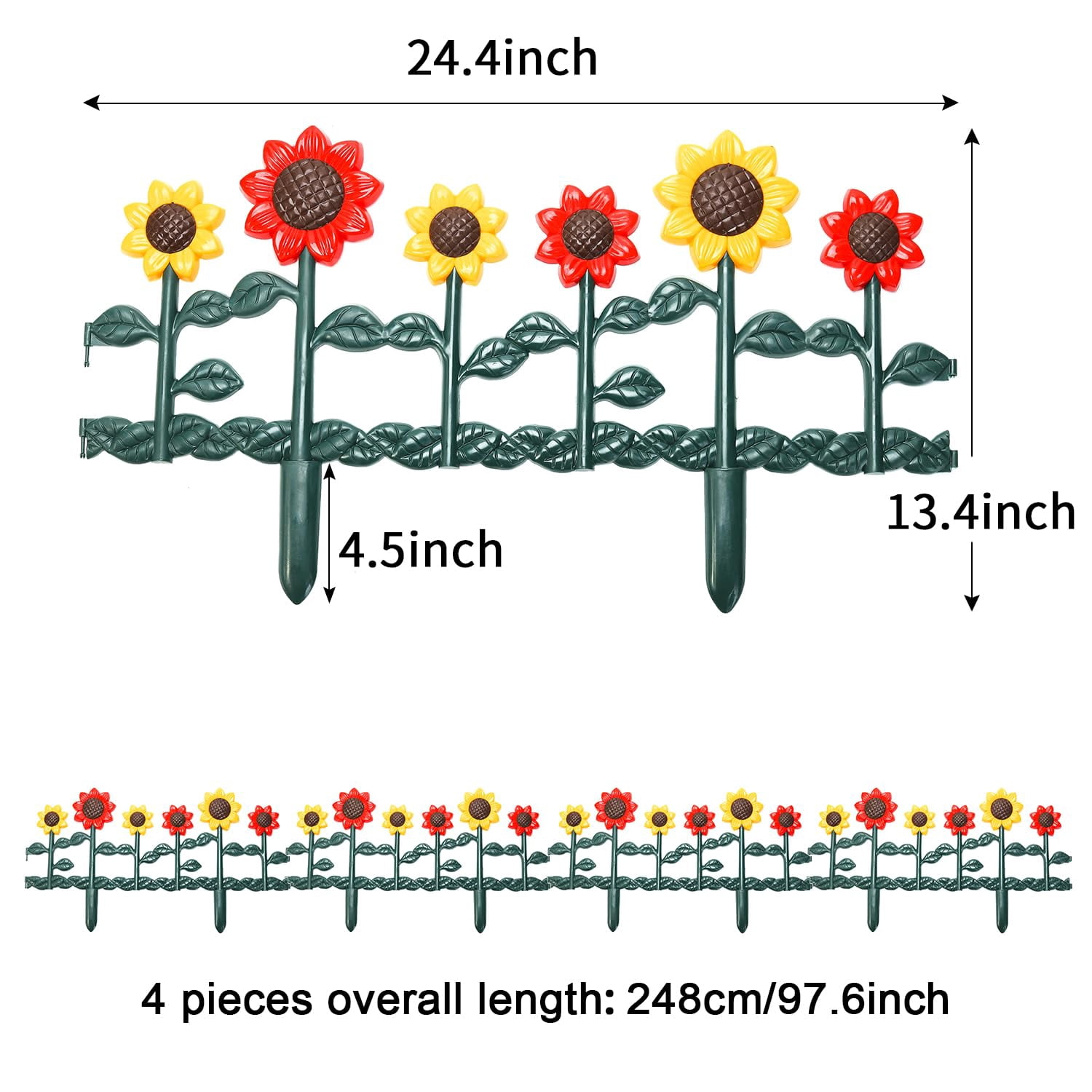 Sungmor Plastic Edgings Garden Picket Fence - Grass Lawn Flowerbeds Plant Borders - Decorative Sunflower Landscape Path Panels - Pack of 4 (Overall Length 98 Inches) - Lightweight & Easy Installation