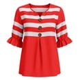 thumbnail image 6 of Wovilon Summer Casual V Neck Striped Blouse for Women, 3/4 Ruffle Sleeve Button Down Front with Pleated Detail, Relaxed Fit Everyday Vacation Outfit, 6 of 6