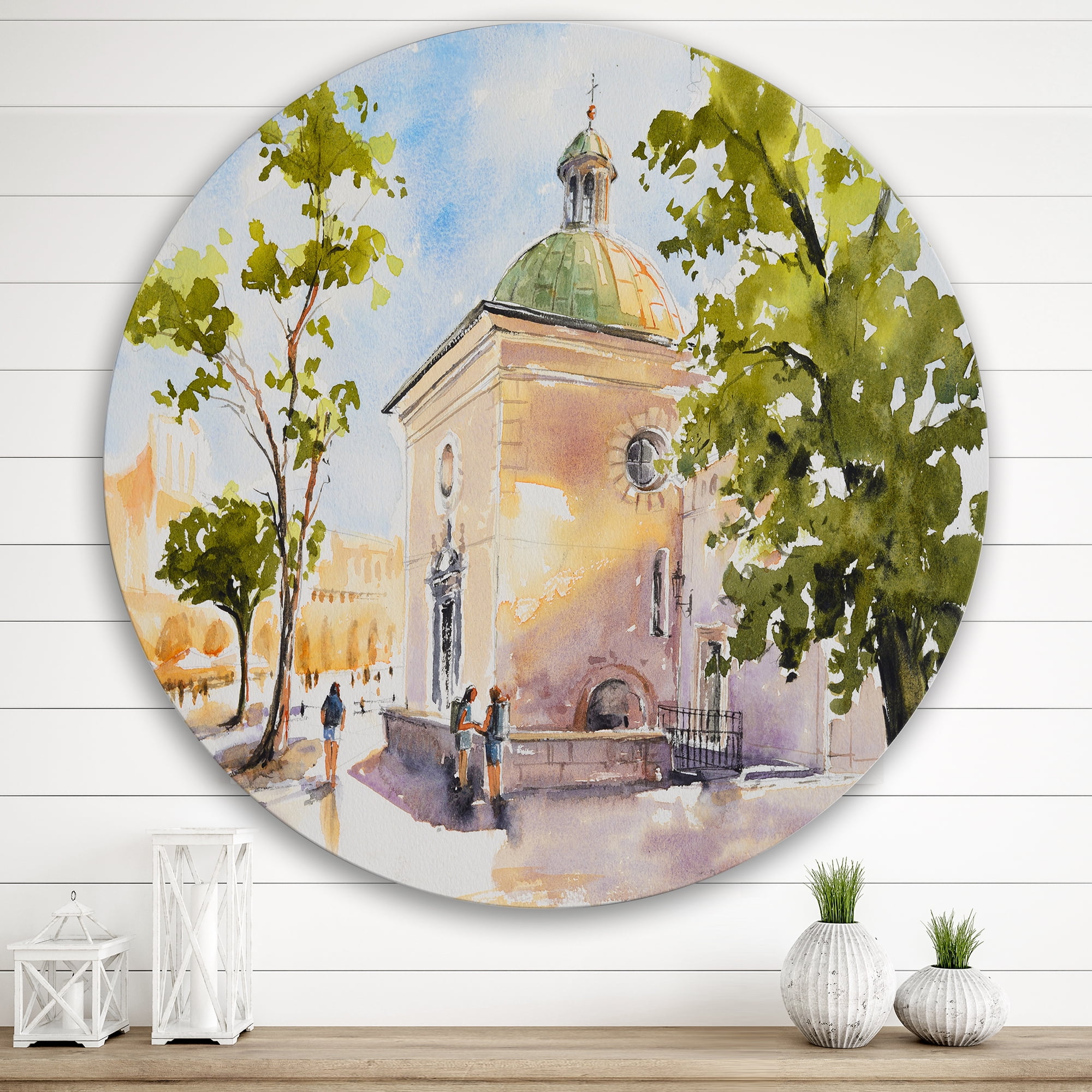 Designart 'People At Rustic Church In The Village' Country Circle Metal Wall Art 36x36 - Disc of 36