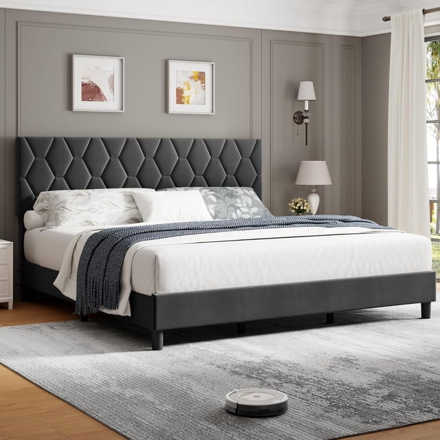 Full Size Platform Bed Frame with Upholstered Headboard and Wooden Slats Support, Upholstered Mattress Foundation/No Box Spring Needed/Easy Assembly, Grey
