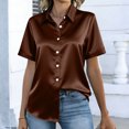 thumbnail image 4 of CIENVNSTG Womens Satin Silk Blouse Short Sleeve Lapel Collar Tops Lightweight Solid Color Button Down Shirts Work Business Dressy Outfits Brown XL, 4 of 7