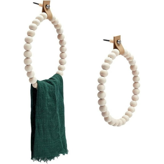 2Pcs Boho Towel Rack Rustic 6.8inch Handmade Wooden Bead Towel Ring Wall Mounted Boho Farmhouse Holder for Bathroom Kitchen Wall Decor Stand Accessories