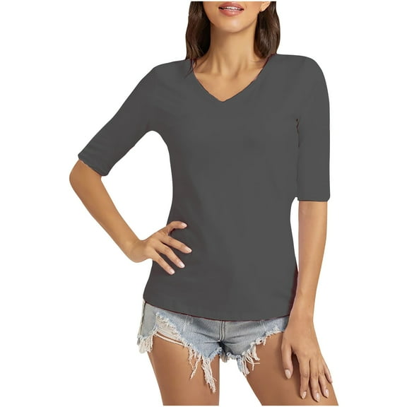 3/4 Sleeve Tops for Women Plus Size Basic Shirt Summer Casual V-Neck Short Sleeves Shirts