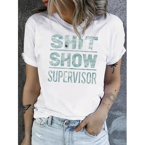 Camiseta cómoda y elegante con cuello redondo y estampado de letras: top informal de manga corta para mujer, ideal para el día a día y para practicar deportes.