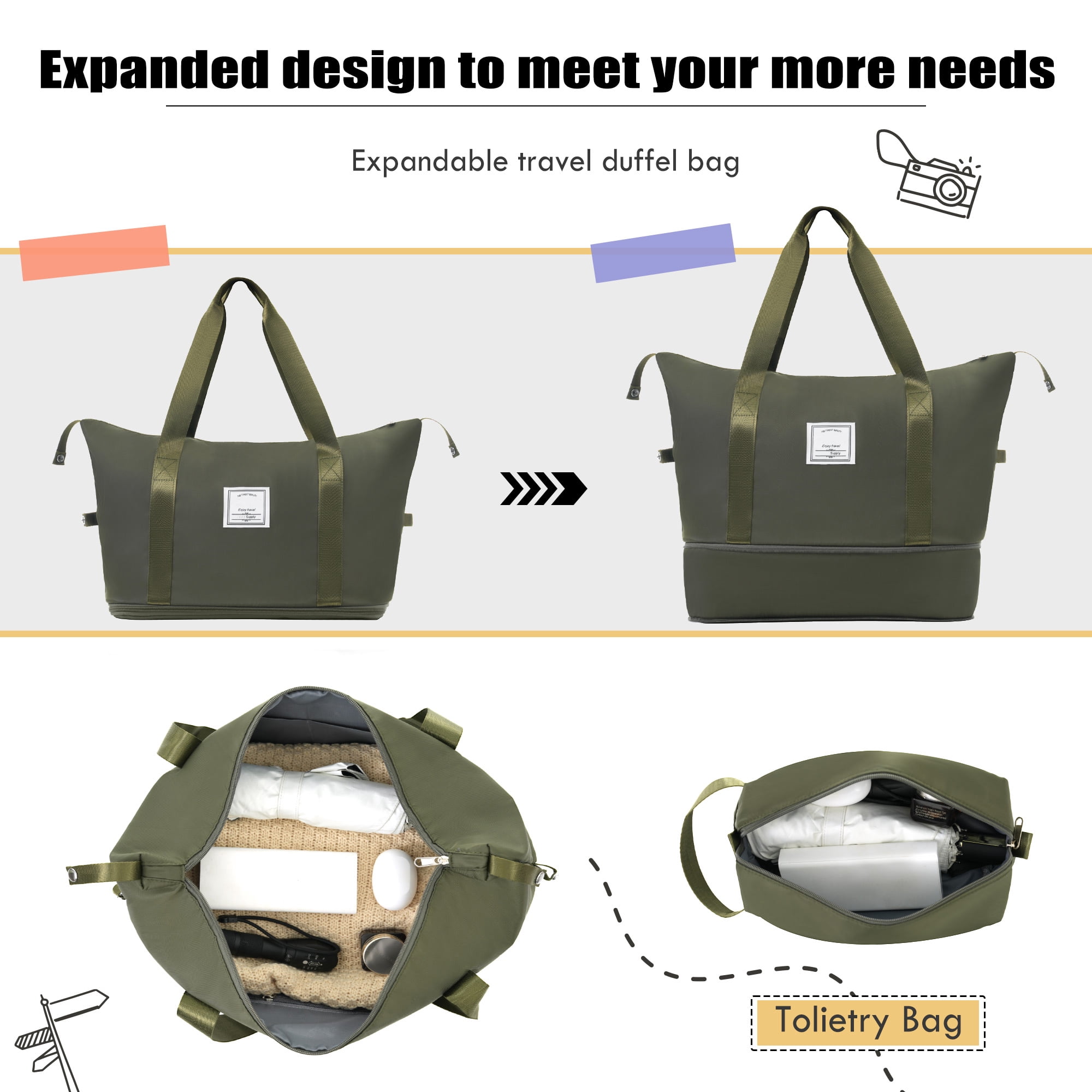 MAYEERTY 5-Piece Expandable Softside Luggage Set -22"+26"+30" Oxford Fabric with TSA Lock & Spinner Wheels+Duffel+Toiletry Bag, Army Green
