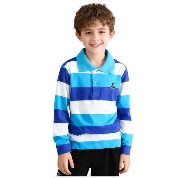 Odeerbi Toddler Boys Striped Cotton Golf Shirts Embroidered Lapel Button Long Sleeve Tennis Shirts School Uniform