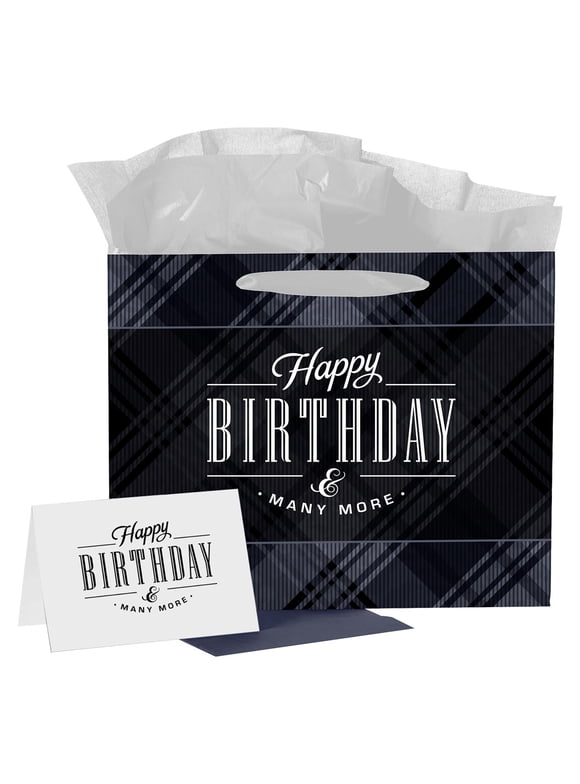 Black Plaid Gift Bag with Card & Tissue Paper: Happy Birthday & Many More, Large