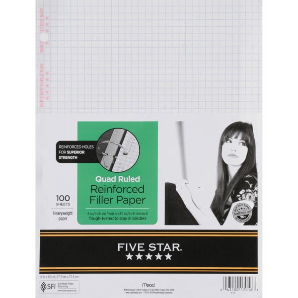 Five Star® Reinforced Filler Paper, 8 1/2" x 11", Quadrille Ruled, Pack