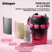 Sidagar 12 oz Cute Insulated Coffee Mug with Leak-Resistant Lid, Stainless Steel Coffee Cup, Dark Pink Heart Pattern
