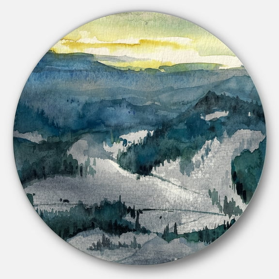 Designart 'Dark Mountains Watercolor' Landscape Painting Circle Metal Wall Art