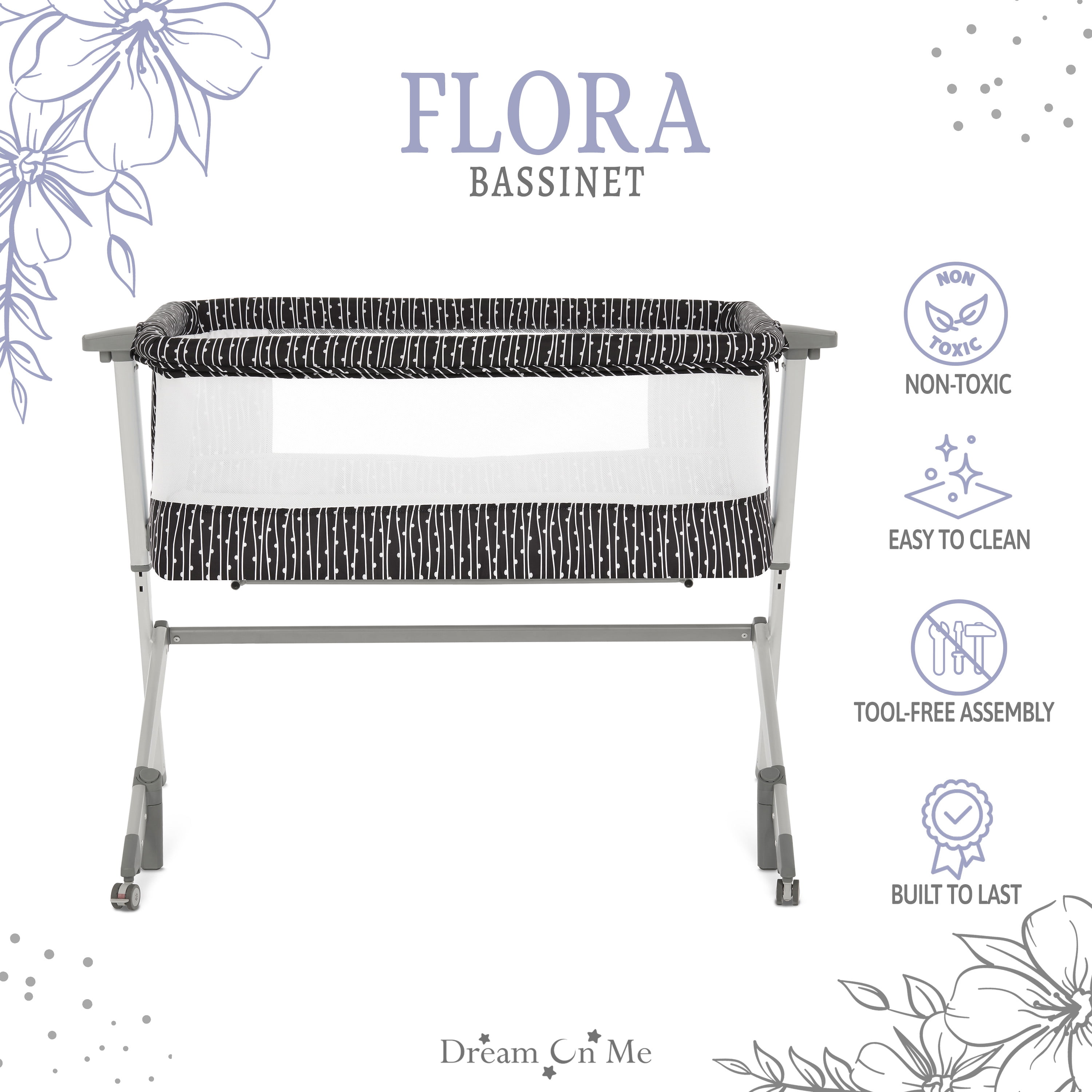 Dream On Me Flora Bassinet with Carry Bag , Compact & Modern, Black & White