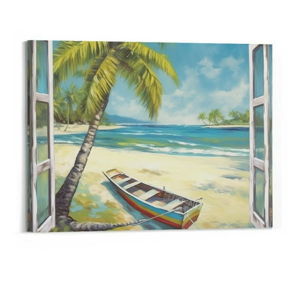 Shiartex  Beach Landscape Canvas Wall Art : Palm Tree with Open Window Pictures for Living Room Wall Decorations Tropical Canvas Print Artwork Framed for Home Decor Reay to Hang 20x16 Inch