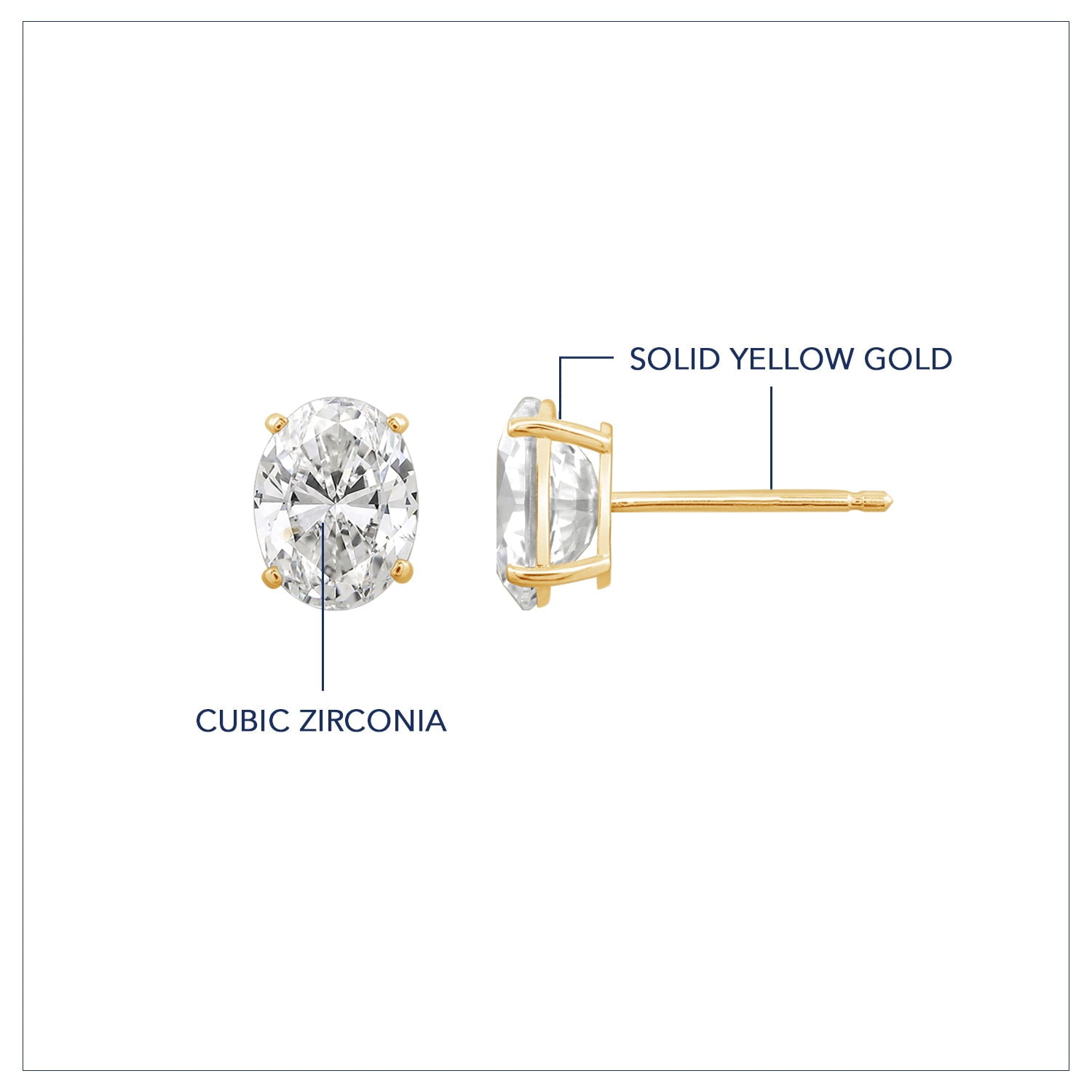 DIAMONBLISS 10K Real Solid Gold Stud Earrings for Women | 10K Yellow Gold Oval Cut Solitaire Studs | 3 carat Cubic Zirconia CZ Diamond Simulant