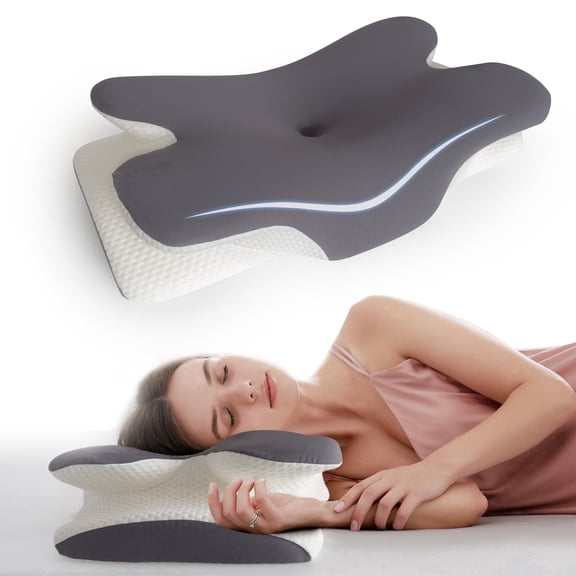 Vipuse Memory Foam Ergonomic Cervical Neck Support Bed Pillows for Side Back Stomach Sleeper Sleeping,Gray and White