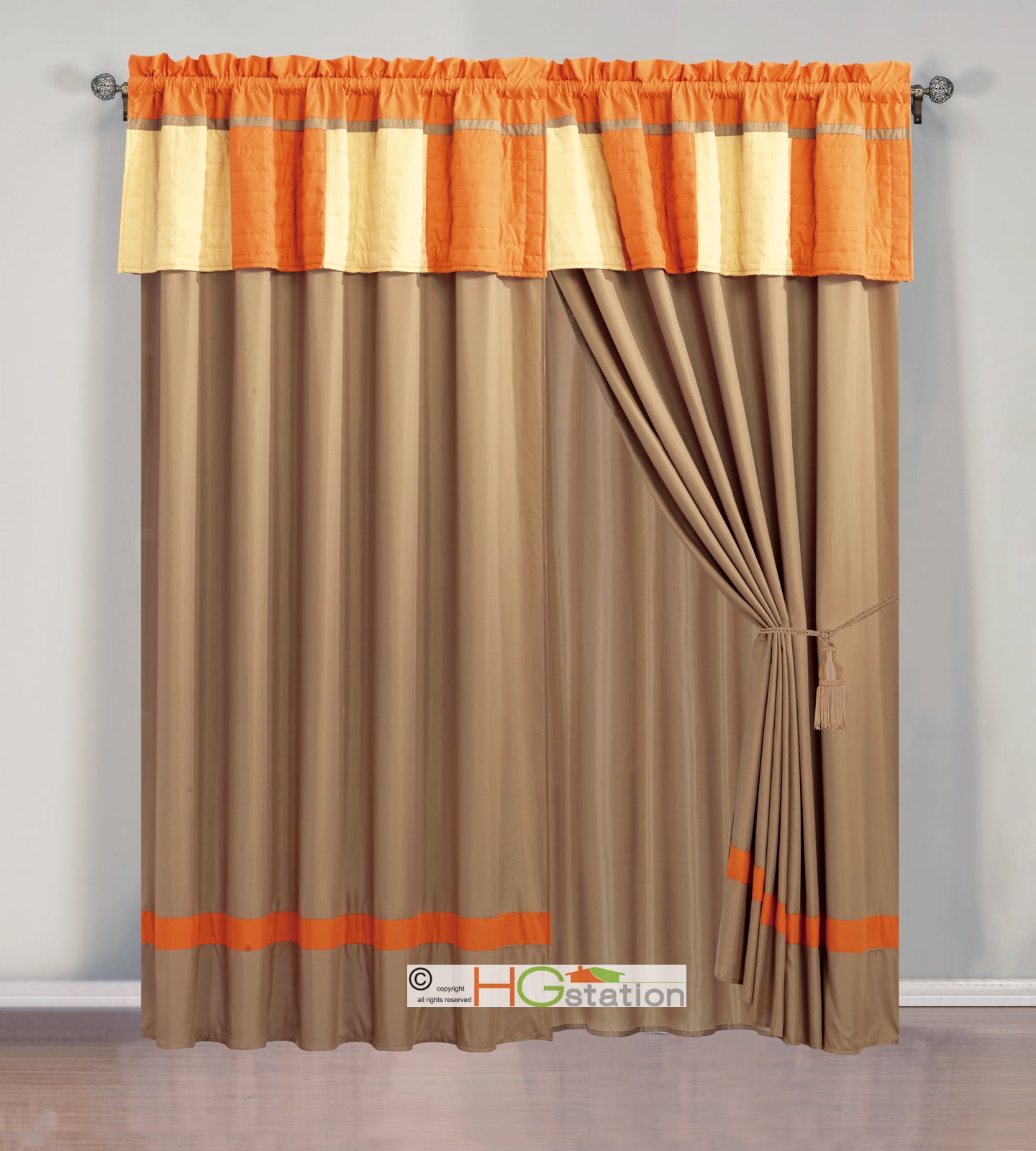 4Pc Cozy Patchwork Striped Quilted Curtain Set Orange Mocha Yellow