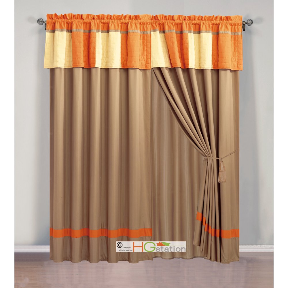 4Pc Cozy Patchwork Striped Quilted Curtain Set Orange Mocha Yellow Valance Drape Sheer Liner