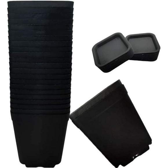 Nvzi Paquete de 24 macetas de plástico cuadradas para vivero, macetas de plástico de 3 pulgadas, maceta con bandeja y platillo para decoración de interiores, exteriores,color negro