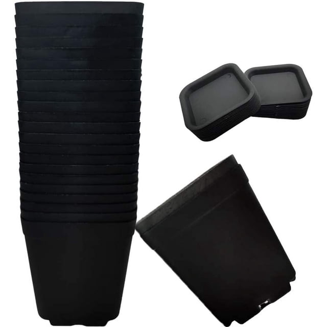 Nvzi Paquete de 24 macetas de plástico cuadradas para vivero, macetas de plástico de 3 pulgadas, maceta con bandeja y platillo para decoración de interiores, exteriores,color negro